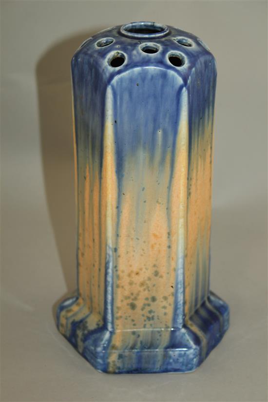 A Ruskin pottery hexagonal flower stand, dated 1930, 23cm